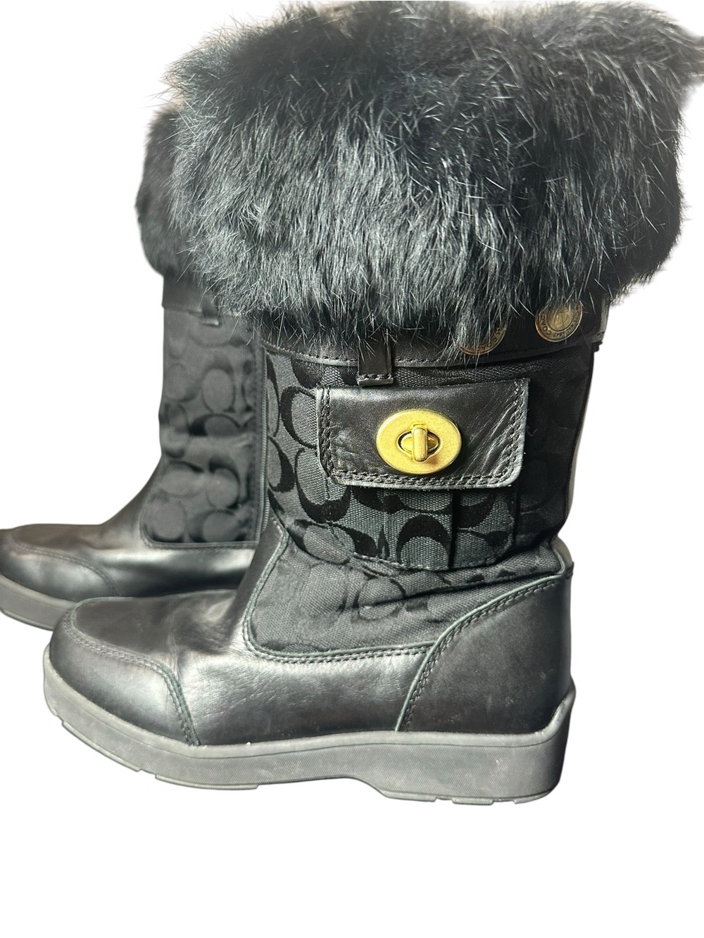 Coach Black Logo-Panel Fur Cuff Boots with Gold Turn-Lock
